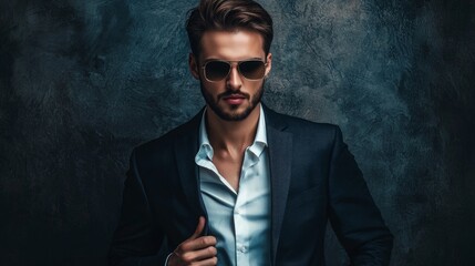 Fototapeta premium Stylish man in suit and sunglasses on dark textured background