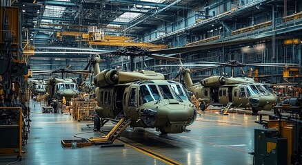 Naklejka premium A factory with many black hawk helicopters being assembled