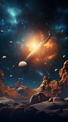 Naklejka premium a group of planets in the sky with clouds and stars in the background, with a bright light shining on the planet