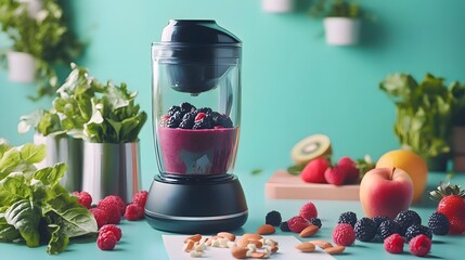 Modern blender with fresh berries and nuts on a vibrant kitchen counter