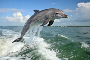 Fototapeta premium Dolphin Jumping Out of Water Graceful Marine Mammal Leaping in the Ocean
