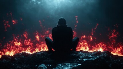 A man sits on a cliff with open arms, waiting for the gates of hell to open in front of him, because of his sins and mistakes. The background is tense, red and dark, cinematic, dramatic