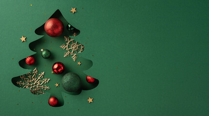 Christmas theme featuring a tree cutout filled with red and green ornaments, snowflakes, and stars on a green backdrop, symbolizing holiday creativity and joy