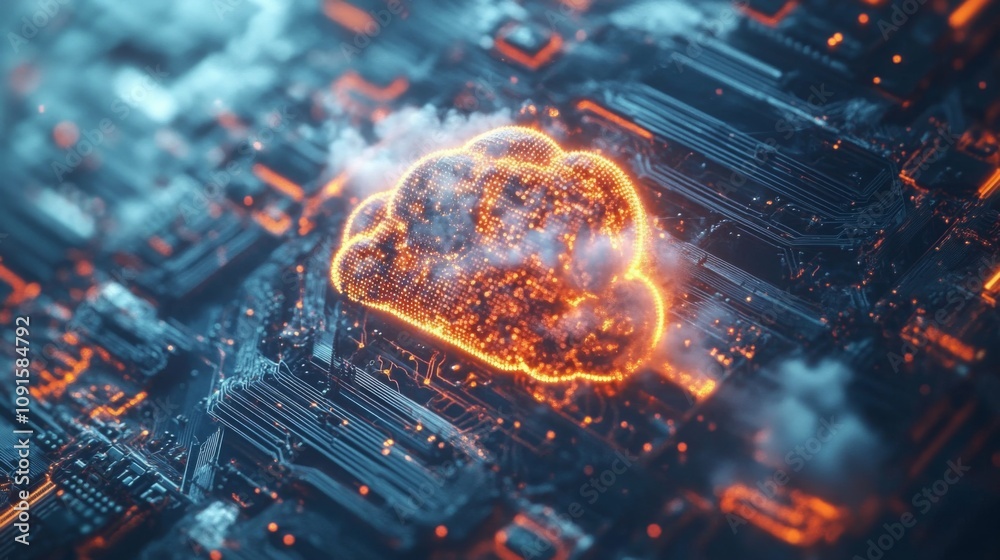 Poster An illuminated cloud icon sits atop a complex, intricate circuit board. The cloud is formed by a network of glowing orange lights. The circuit board is dark blue with orange lines.