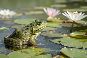 Fototapeta premium Frog in the Pond Amphibian Relaxing on Lily Pad in Tranquil Water