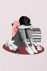 Creative 3D photo collage trend artwork template of depressed emotion young lady sit down pile book...