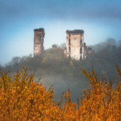 view to ruins of two towers of medieval castle in fog and golden autumn leaves on foreground