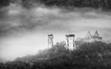 black and white landscape with ruins of medieval castle on the hill in forest and morning fog
