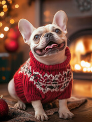 French Bulldog wearing Christmas sweater sitting in front of a fireplace