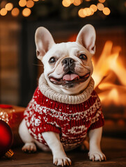 French Bulldog wearing Christmas sweater sitting in front of a fireplace