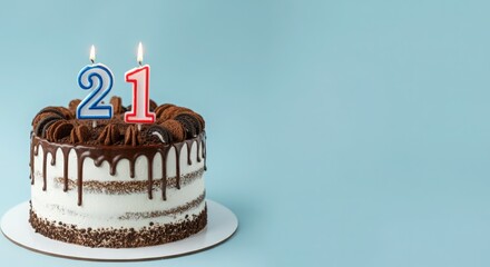 Birthday or anniversary cake with number 21 candle on blue background, perfect for twenty-first birthday or anniversary celebrations and special events