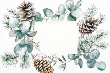 Fototapeta premium Watercolor winter frame with pinecones eucalyptus leaves and snow-covered branches for seasonal greeting cards or holiday designs.