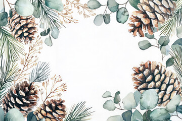 Fototapeta premium Watercolor winter frame with pinecones eucalyptus leaves and snow-covered branches for seasonal greeting cards or holiday designs.