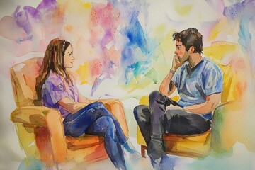 Naklejka premium A watercolor painting capturing a therapy session, focusing on the discussion of mental health between two individuals.