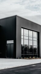 Fototapeta premium Modern architectural design featuring dark gray concrete and metal elements under bright sunlight