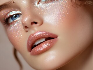 Fototapeta premium Close-up of woman’s face with soft beige glitter lipstick and sparkling makeup, ideal for a party look
