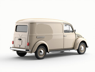 A classic beige delivery van is parked in a bright studio, highlighting its vintage design and retro features