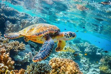 Obraz premium A green sea turtle swims effortlessly among vibrant coral reefs, showcasing its stunning colors and natural grace in the clear blue water.