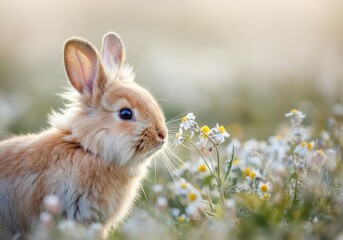 Fototapeta premium Adorable Fluffy Bunny Sniffing Flowers