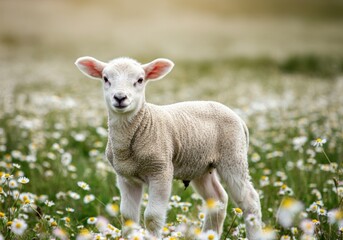 Fototapeta premium Adorable Lamb in a Daisy Field