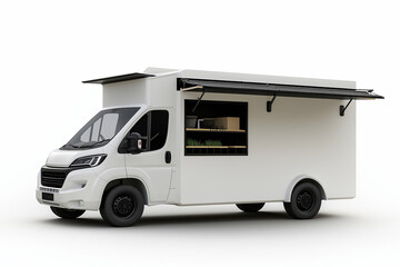 Food truck with modern design parked in urban area for serving fresh dishes