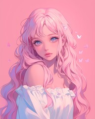 Cute anime girl with pink hair and blue eyes. Concept of beauty, fantasy, and kawaii. Anime Character Illustration.