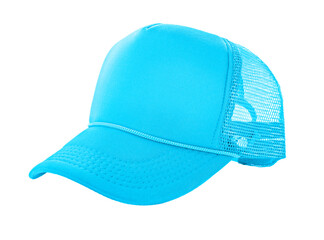 Blue mesh trucker cap isolated on white, a modern and stylish headwear perfect for customization or...