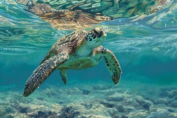 Fototapeta premium A green sea turtle glides effortlessly in bright turquoise waters, showcasing its beautiful shell against a backdrop of colorful coral beneath the surface.