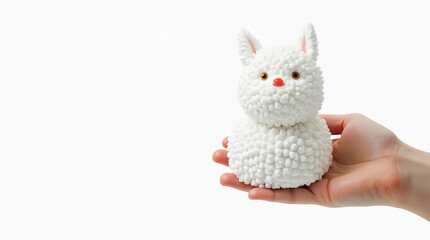 Fototapeta premium A person holds a fluffy white rabbit toy featuring a cute design and vibrant eyes, contrasting against a white backdrop