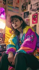 Fototapeta premium Young woman wearing a vibrant windbreaker in a retro 90s bedroom with posters, neon lights, and vintage gadgets.