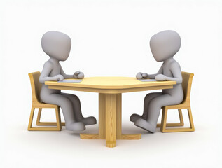 Two minimalistic figures sit across from each other at a round wooden table, engaged in conversation