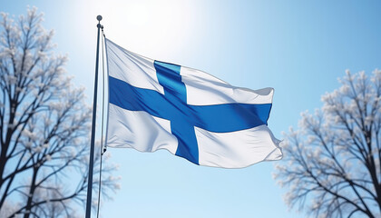 Image of the Finnish flag proudly waving against a clear blue sky, symbolizing the celebration of Independence Day of Finland.