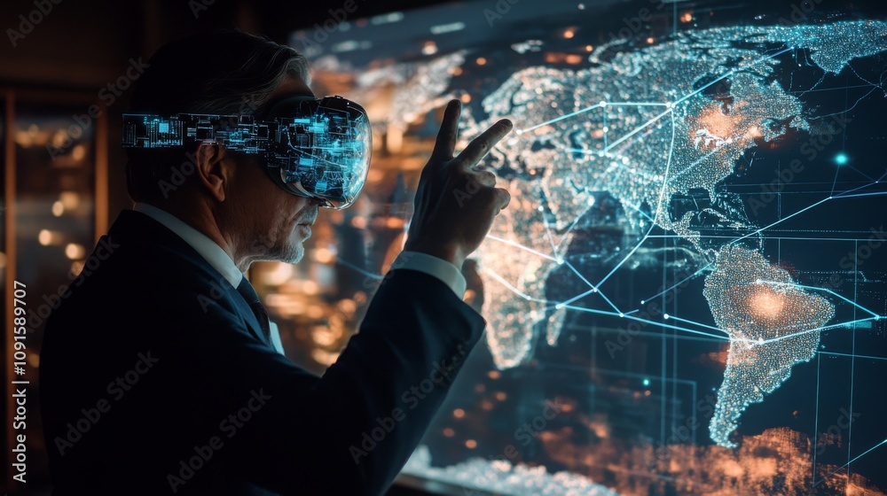 Poster A businessman in formal attire explores a virtual reality interface displaying a digital world map. The setting features advanced technology and illuminated elements, showcasing innovation.