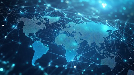Light blue background with a digital world map and global network connections. Communication lines,  Technology concept. Logistics international delivery concept