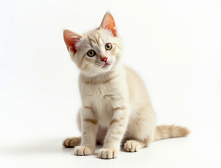 Obraz premium A curious kitten sits elegantly, showcasing its light cream fur and bright, expressive eyes