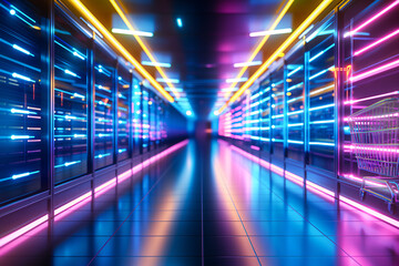 Obraz premium Futuristic shopping aisle illuminated with vibrant neon lights in pink, blue, and yellow tones, creating a sleek and modern retail atmosphere. Copy Space 