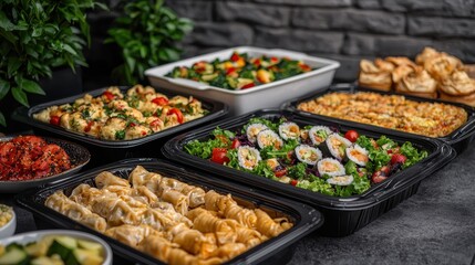 Fototapeta premium Delicious International Buffet Food Platter Sushi Pasta Dim Sum Curry