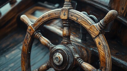 Weathered Wooden Ship Wheel Detail Close Up