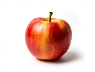 A vibrant red apple sits on a smooth white backdrop, showcasing its glossy skin and distinct color pattern