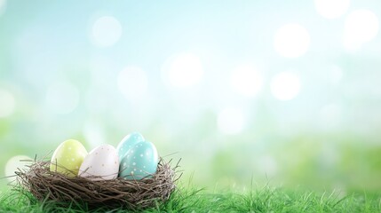 Obraz premium Easter Background with Colorful Eggs in a Nest on Green Grass, Perfect for Festive Designs