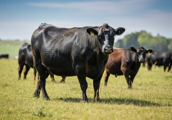 Black Angus Cattle Grazing in a Sunny Field