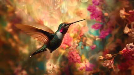 Naklejka premium A hummingbird in flight amidst a vibrant, colorful floral arrangement.