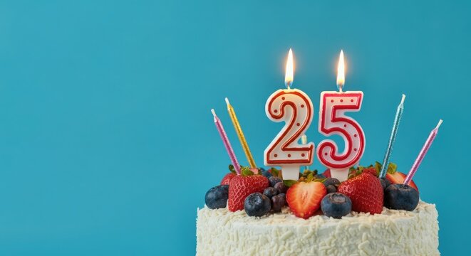 Birthday or anniversary cake with number 25 candle on blue background, perfect for twenty-fifth birthday or anniversary celebrations and special events