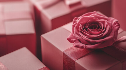 Fototapeta premium Pink Rose Gift Boxes: Valentine's Day Macro Photography