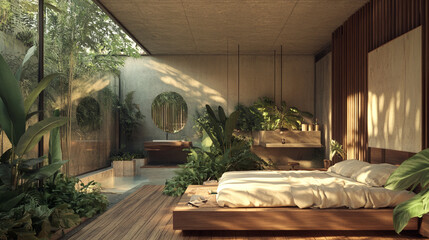 Jungle Eco-Lodge Bedroom: Sustainable Design, Lush Greenery, Natural Light