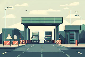 Border checkpoint with trucks passing under a gate and a secure customs control area surrounded by barriers