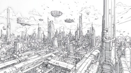 Fototapeta premium Futuristic Cityscape Sketch Showing Flying Vehicles and Tall Buildings