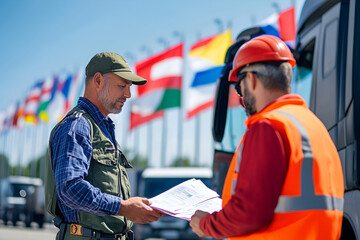 Customs officer checking documents with a worker in high-visibility clothing at an international checkpoint with flags in the background