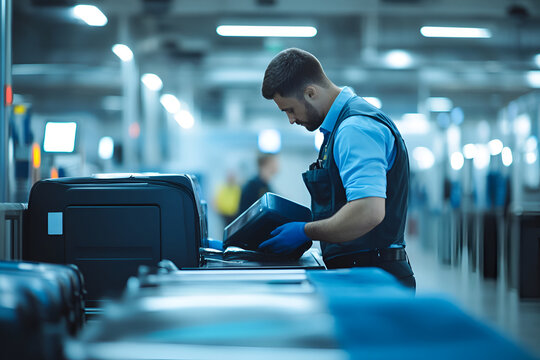 Customs officer inspecting luggage at an airport security checkpoint under bright artificial lighting