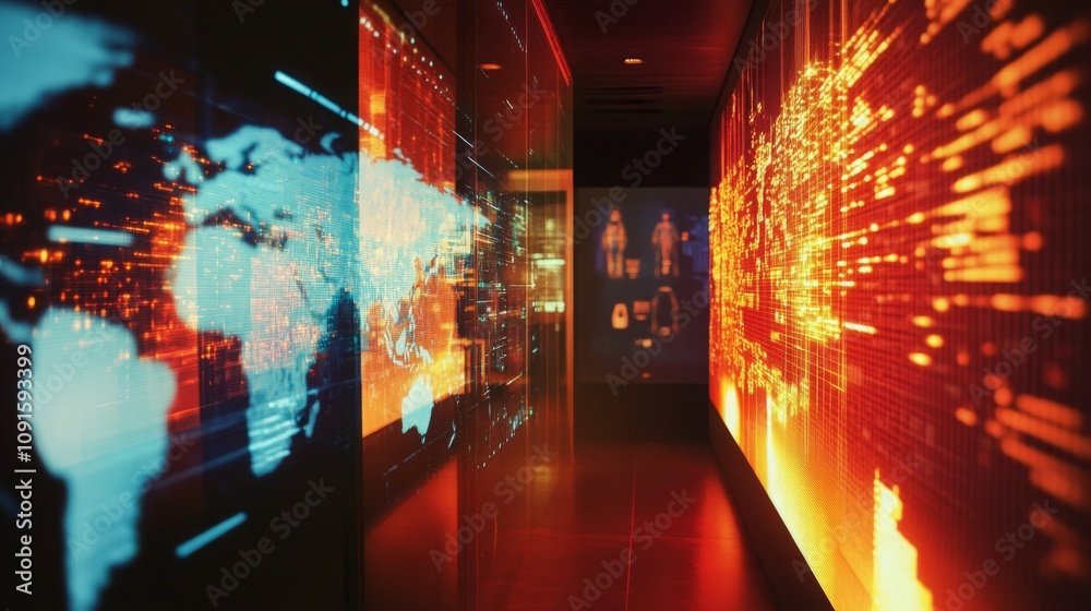 Poster A futuristic corridor features glowing screens displaying a world map and vibrant data visualizations.
